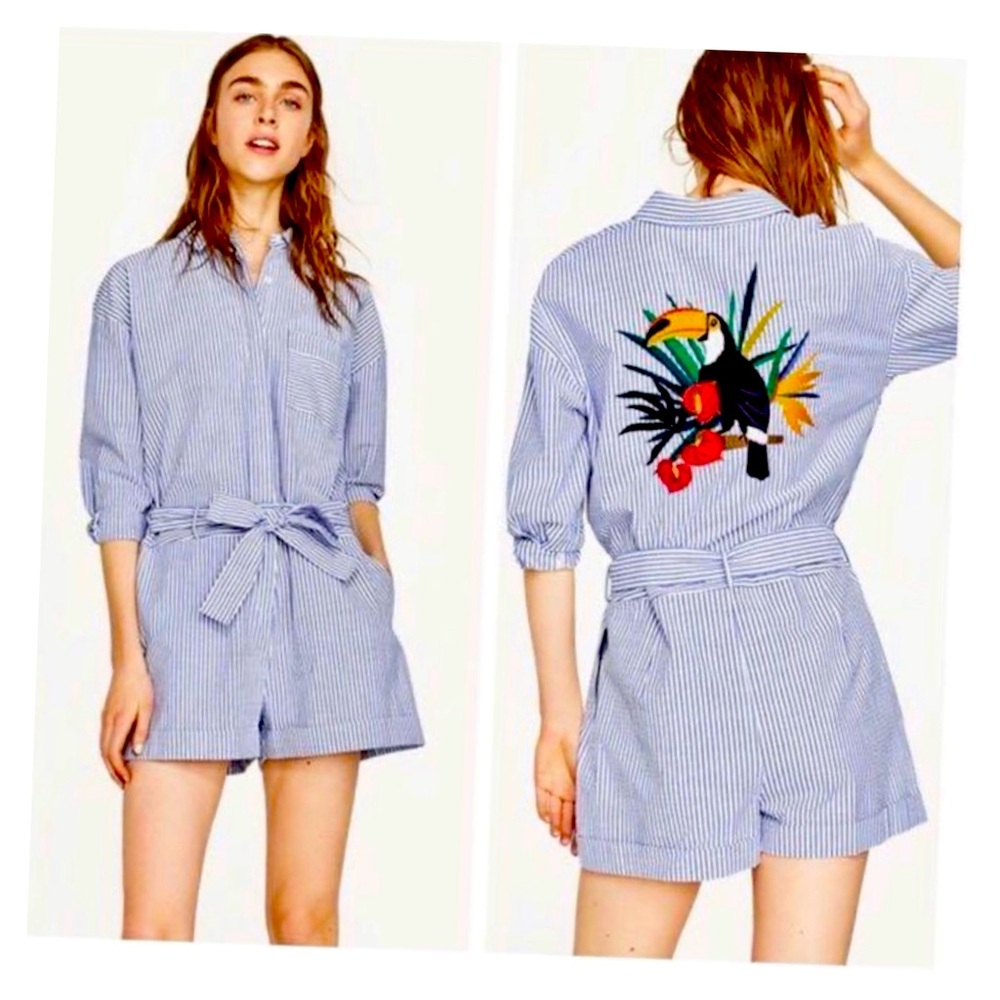 Zara Collection! Striped Blue Romper with Tropical Embroidery